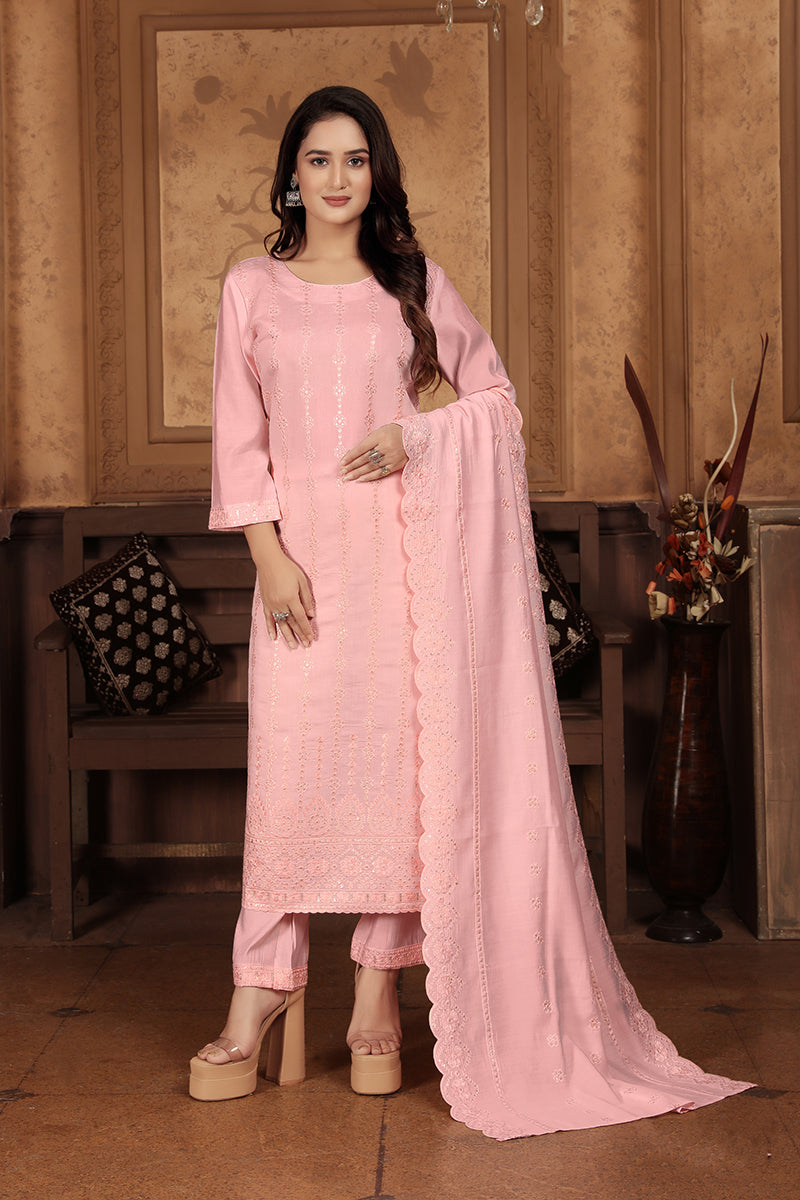 Light pink Chanderi suit with heavy floral sequence embroidery