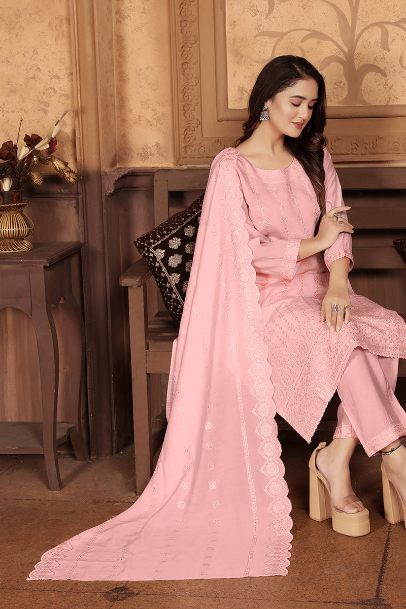 Light Pink Chanderi Suit with Heavy Sequence Embroidery