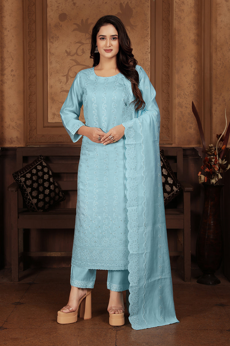 Light Blue Chanderi Salwar Kameez with Heavy Sequence Embroidery