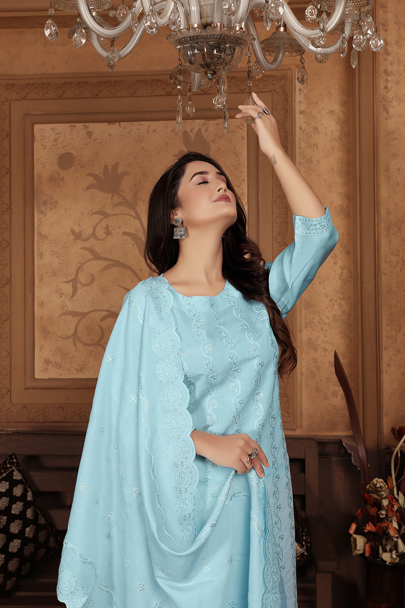 Light Blue Chanderi Salwar Kameez with Heavy Sequence Embroidery