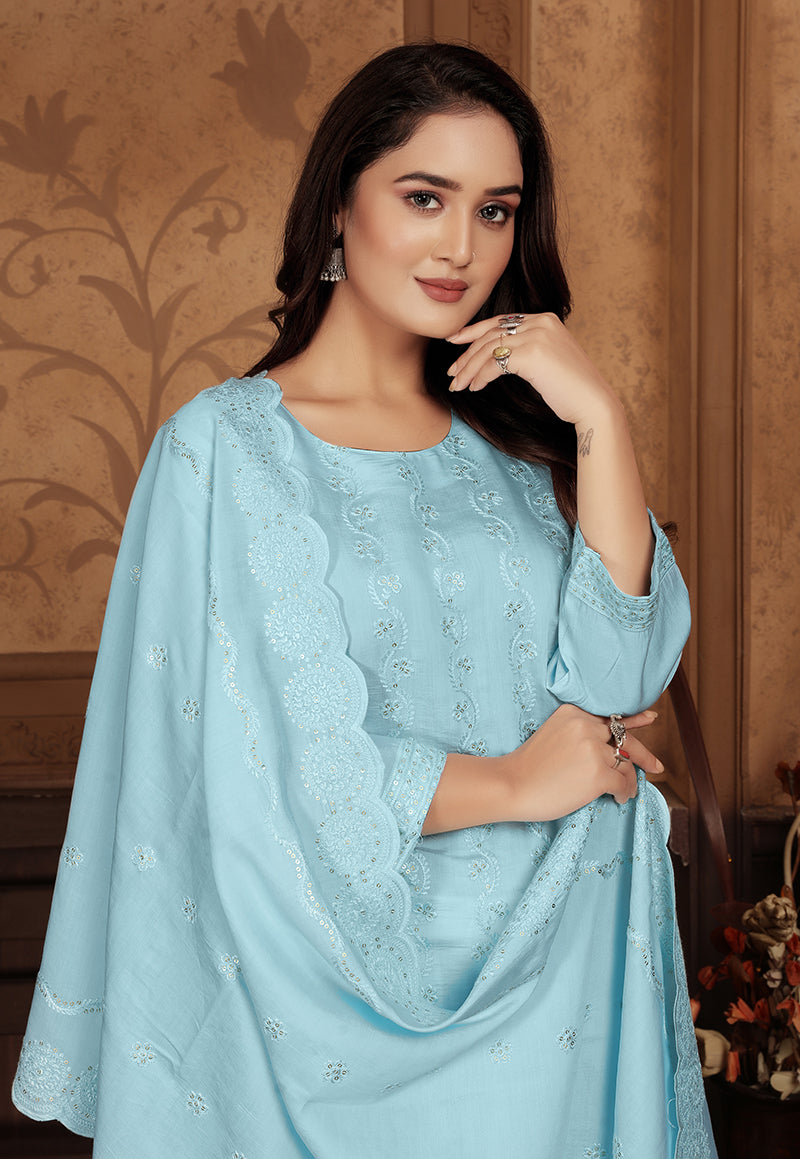 Light Blue Chanderi Salwar Kameez with Heavy Sequence Embroidery