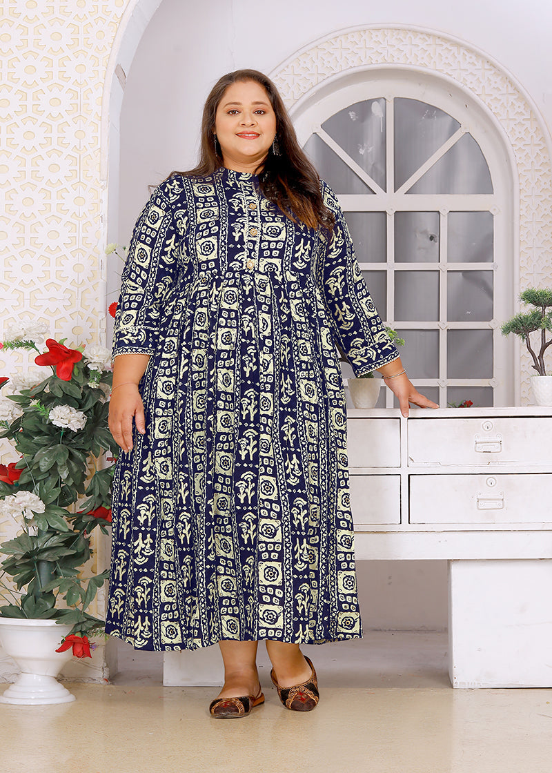 Navy blue long kurti in rayon fabric with floral print and button details.