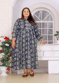 Navy blue long kurti in rayon fabric with floral print and button details.