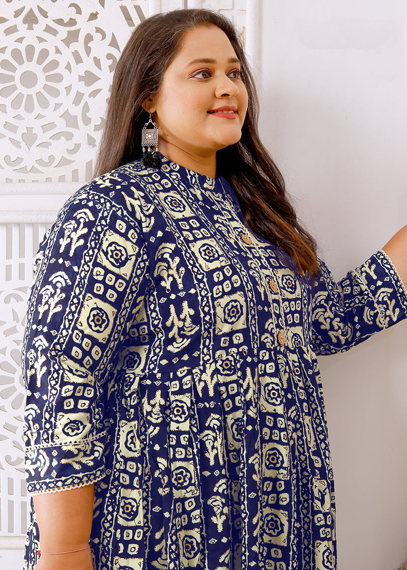 Navy Blue Rayon Printed Long Kurti for Women