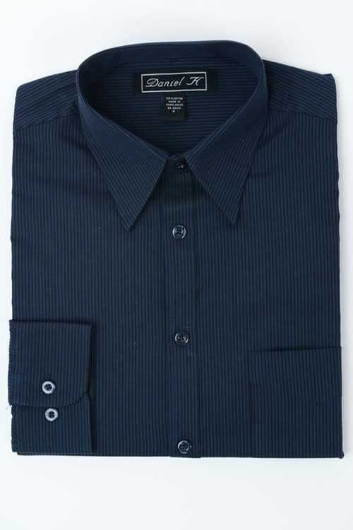 Classic Navy Striped Button Up Dress Shirt featuring a clean collar and button-down front.