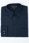 Classic Navy Striped Button Up Dress Shirt featuring a clean collar and button-down front.