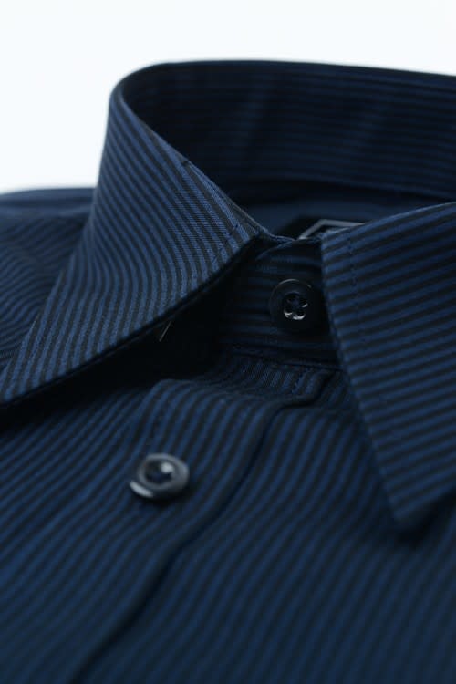 Navy Striped Button Up Dress Shirt - Classic Business Casual Top