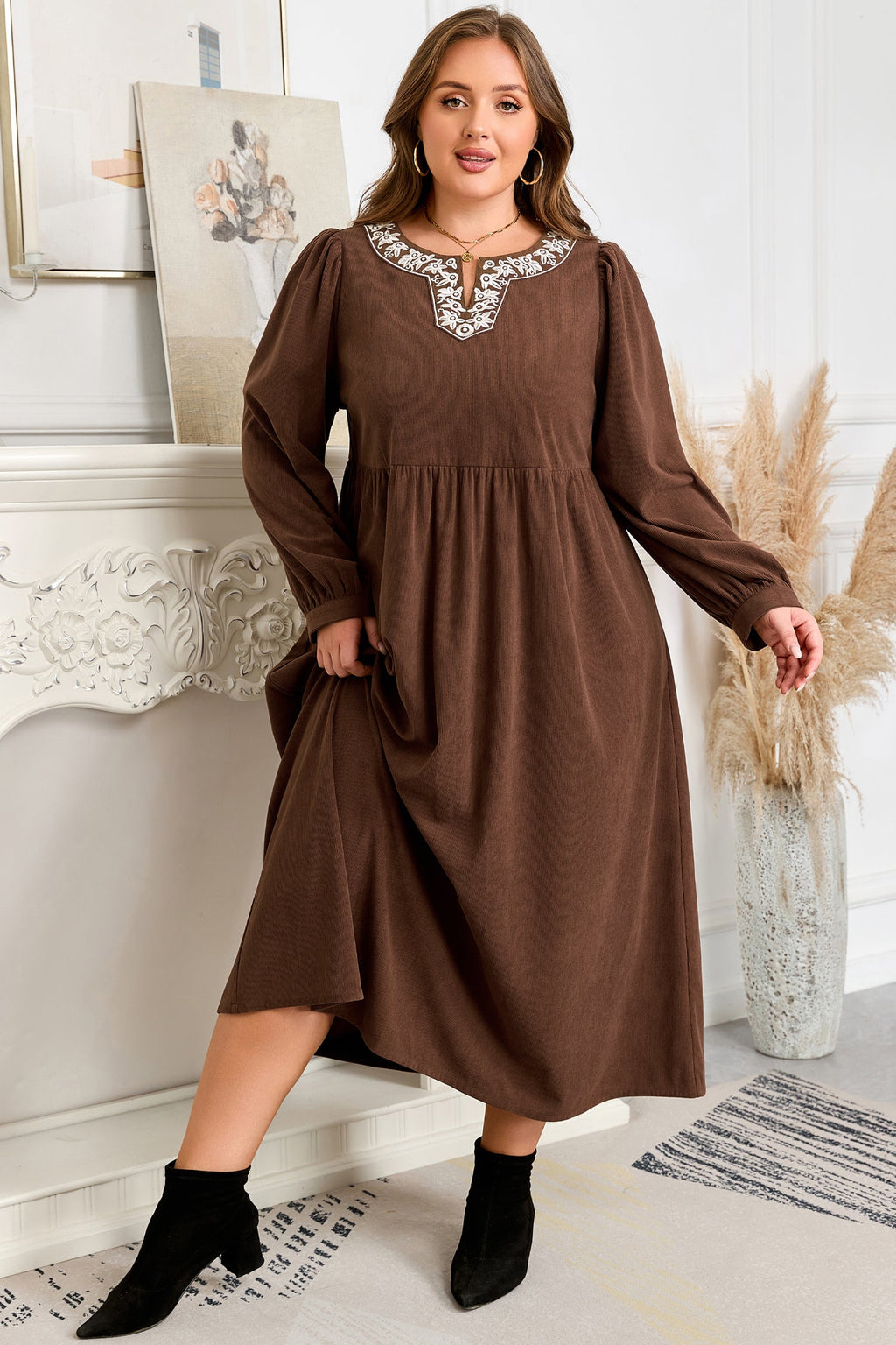 Coffee Embroidered Notched Neckline Pleated Midi Dress