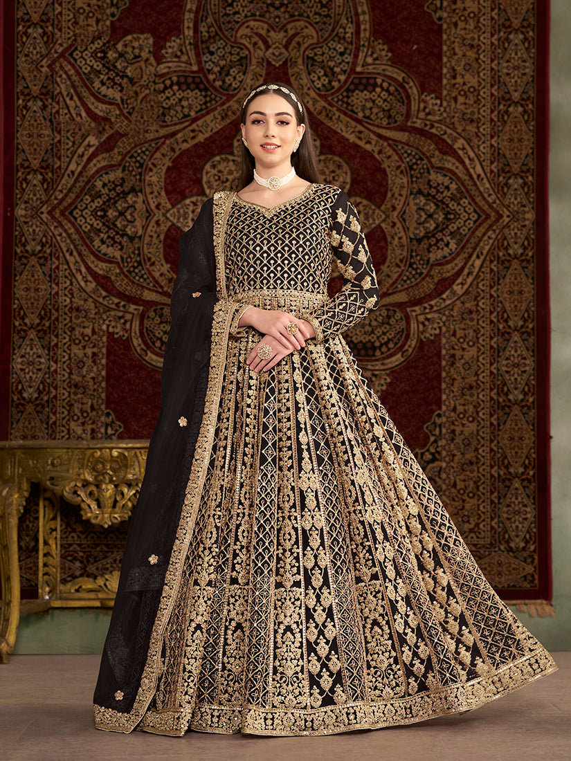 Black net floor length salwar suit with intricate embroidery and santoon lining