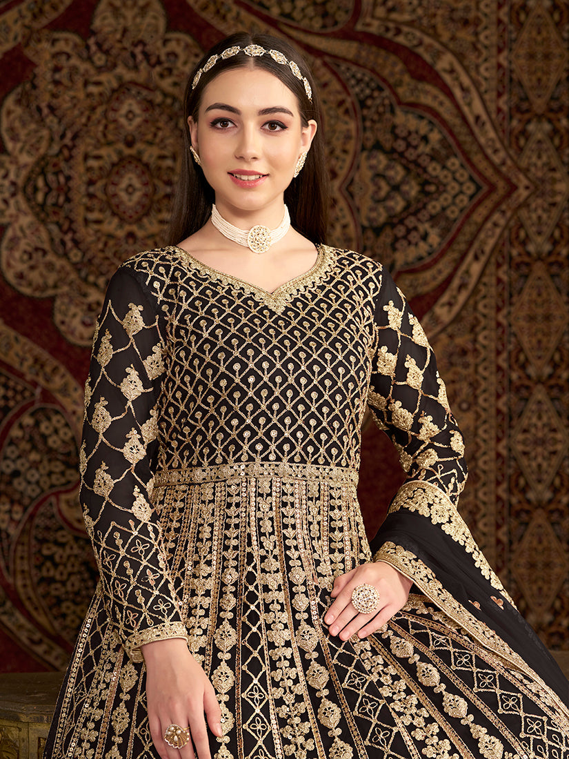 Black Embroidered Net Floor Length Gown Salwar Suit