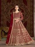 Maroon floor-length net salwar suit with intricate embroidery