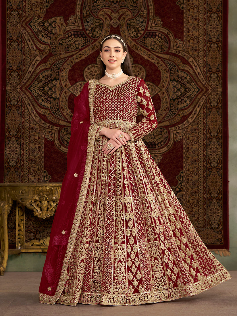 Maroon floor-length net salwar suit with intricate embroidery