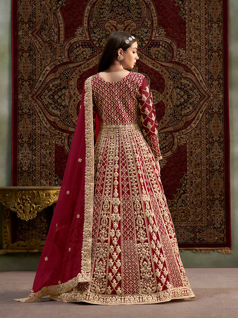Maroon Embroidered Net Floor-Length Salwar Suit