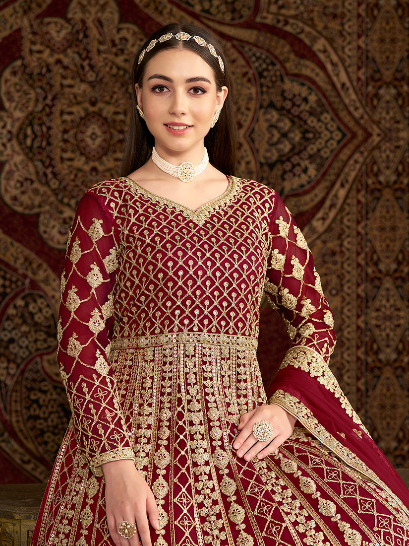 Maroon Embroidered Net Floor-Length Salwar Suit