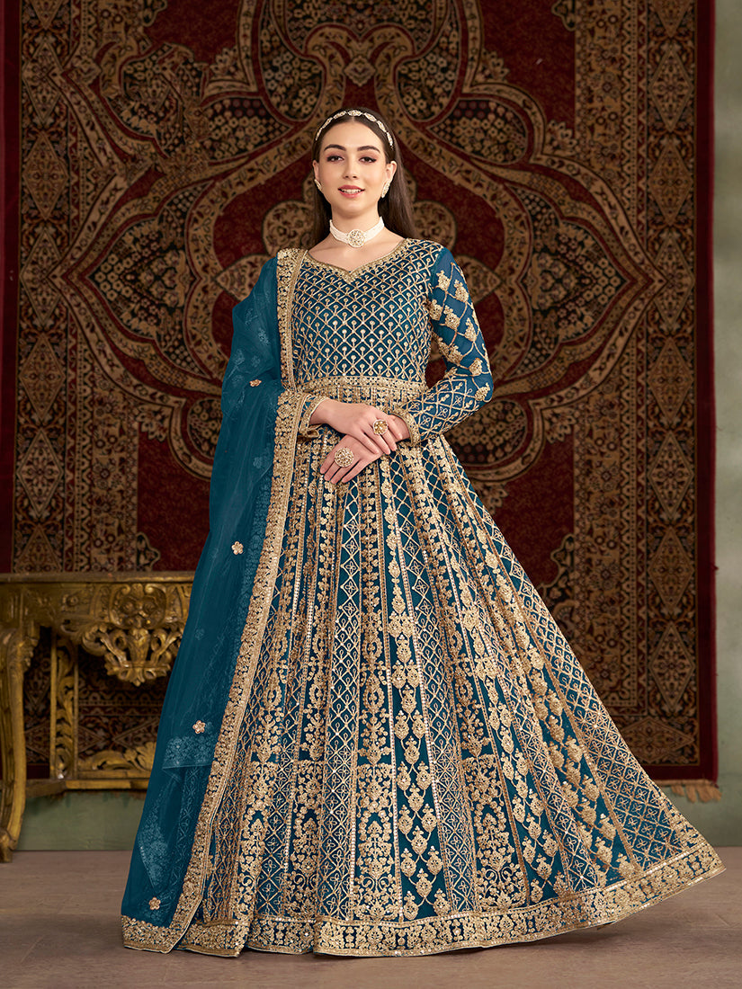 Teal floor-length net gown with detailed embroidery for special occasions