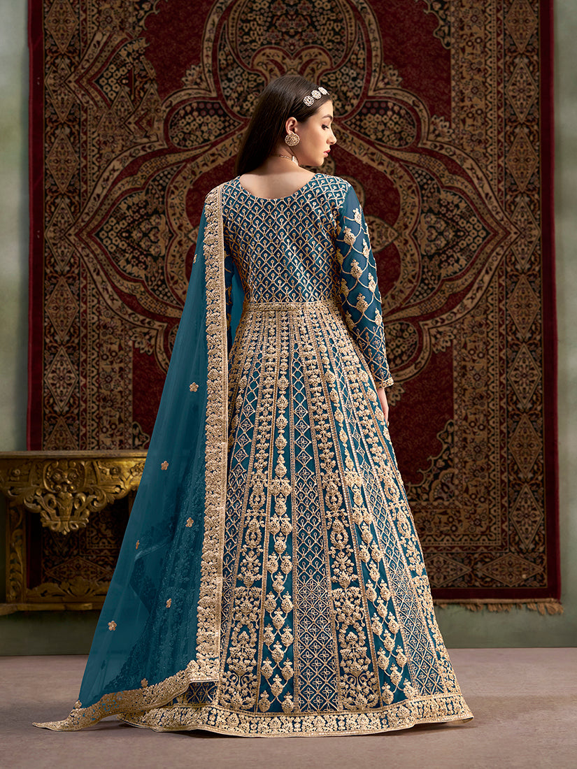Teal Net Floor-Length Gown with Intricate Embroidery