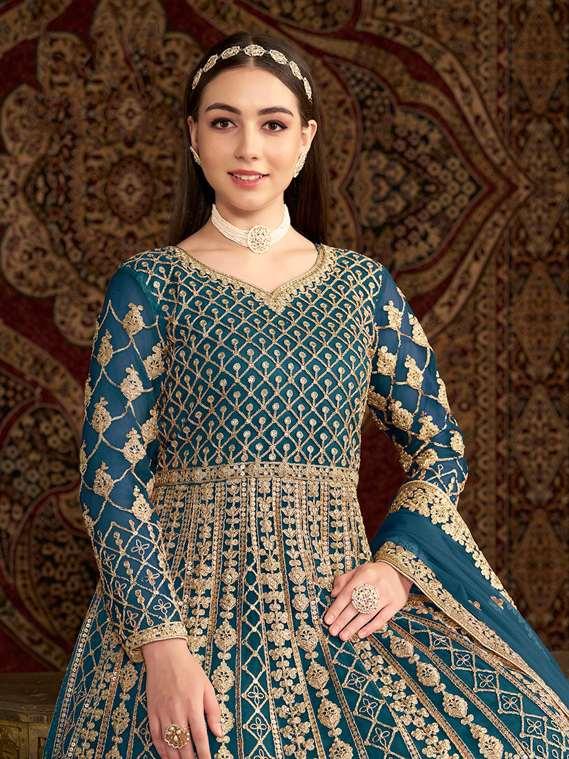 Teal Net Floor-Length Gown with Intricate Embroidery