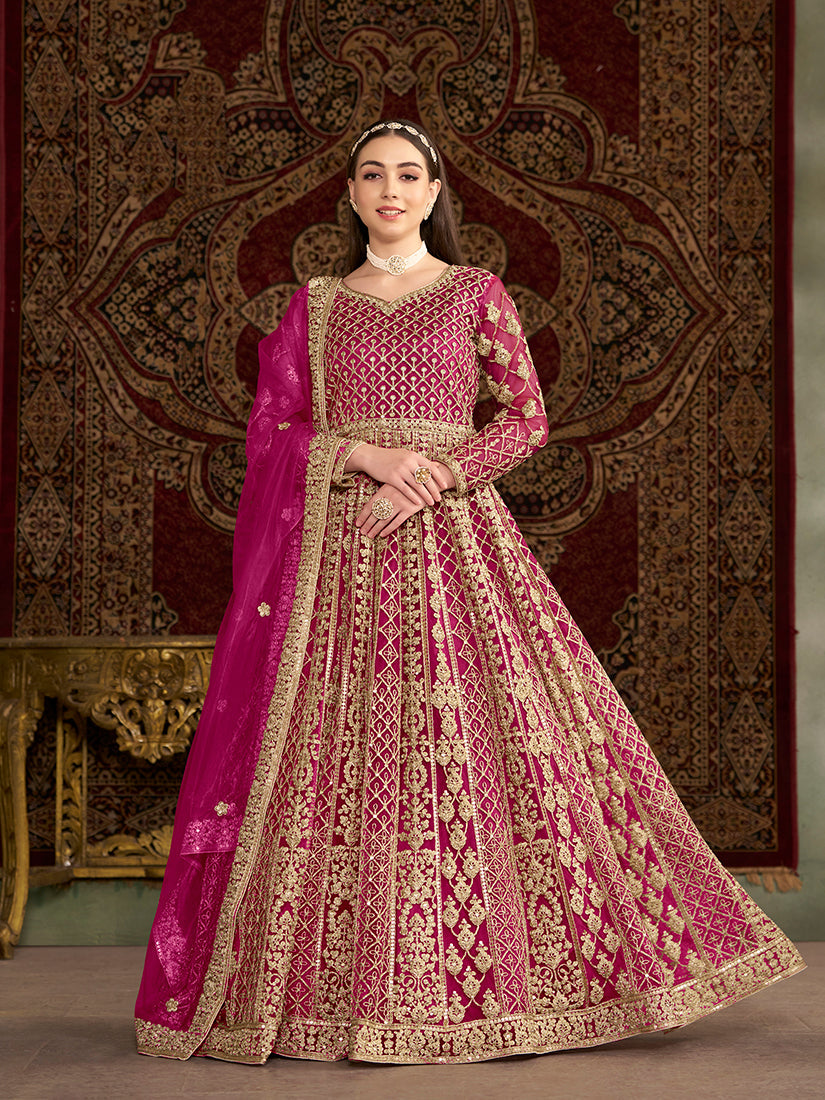 Rani-pink floor length net salwar suit with embroidery