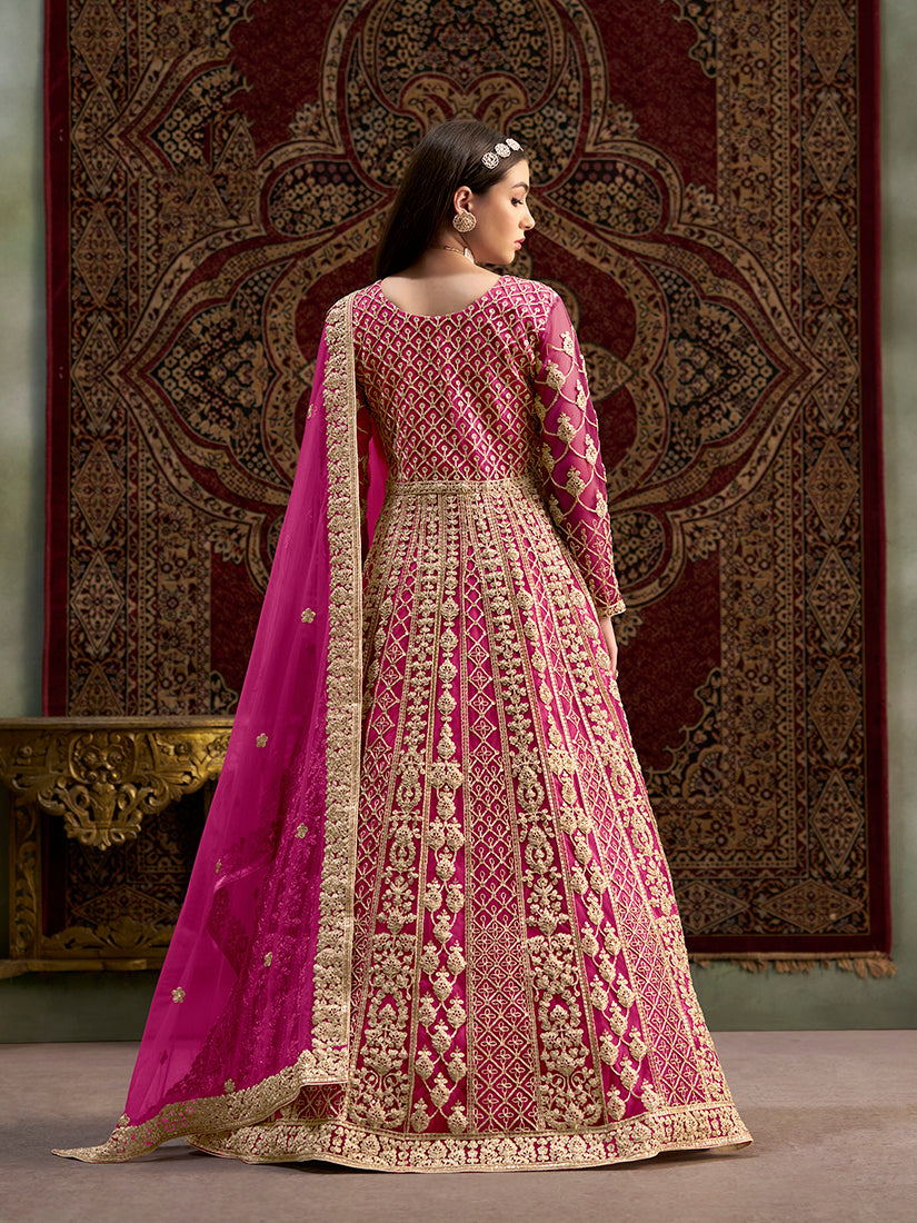 Rani-Pink Embroidered Net Floor Length Salwar Suit