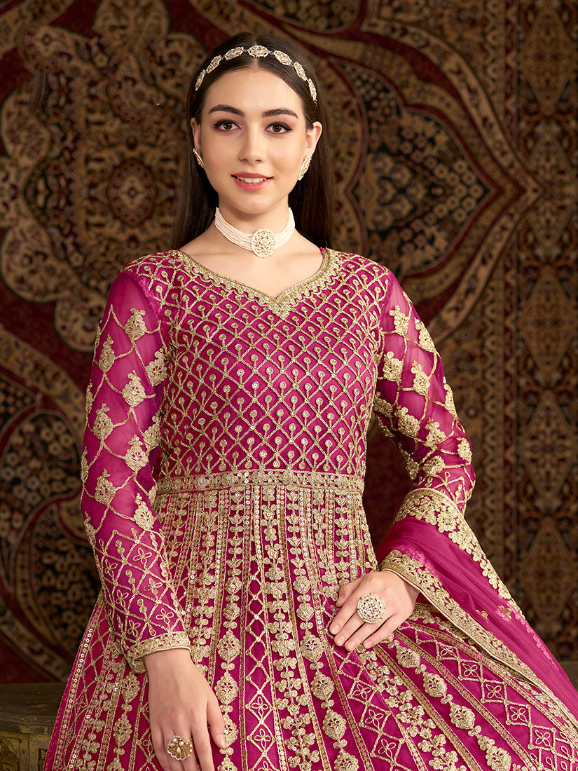 Rani-Pink Embroidered Net Floor Length Salwar Suit
