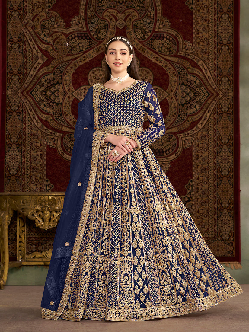 Monjolika Fashion Navy-Blue Color Embroidered Santoon Net Salwar Suit