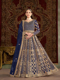 Monjolika Fashion Navy-Blue Color Embroidered Santoon Net Salwar Suit