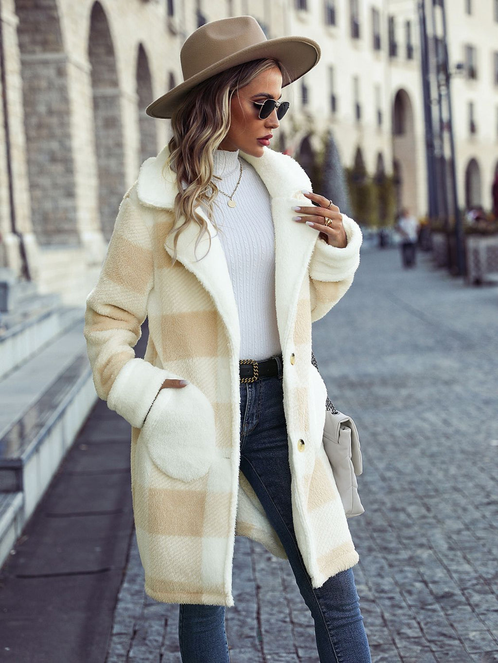 Plaid Button Down Coat - Oversized Cream & Beige