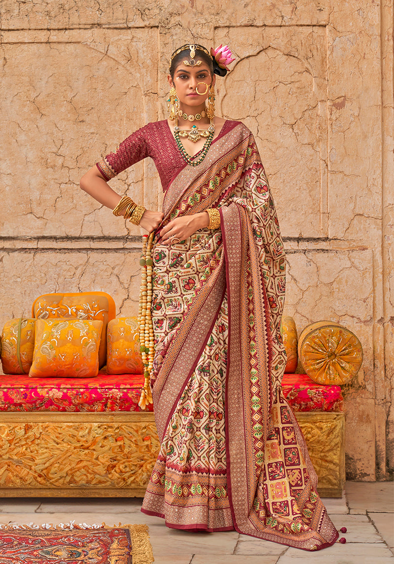 A beautiful cream viscose silk saree with subtle prints.
