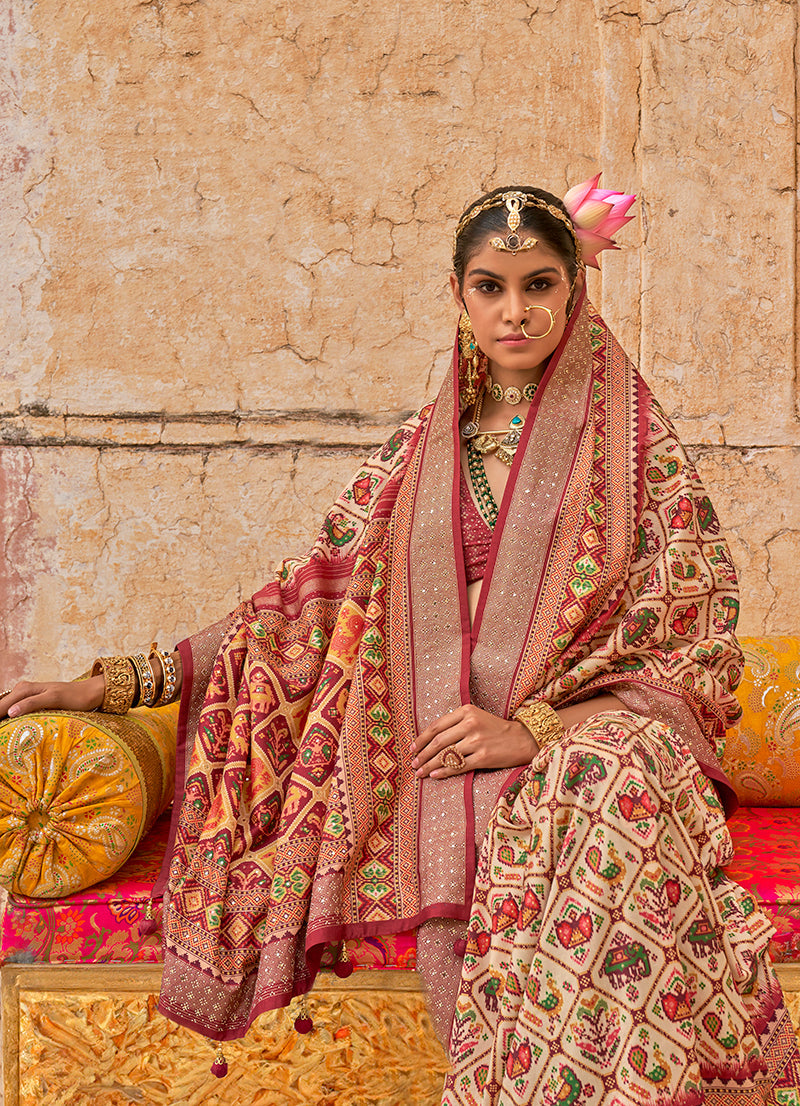 Cream Printed Classic Saree in Viscose Silk for Elegant Wear