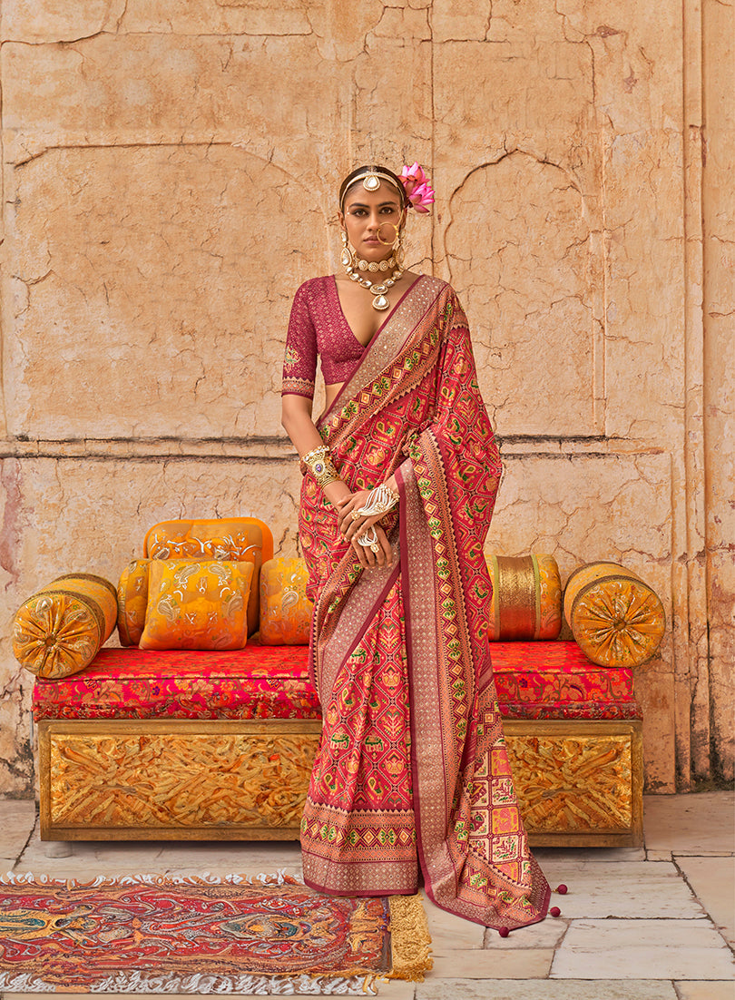 Classic red viscose silk saree with elegant print
