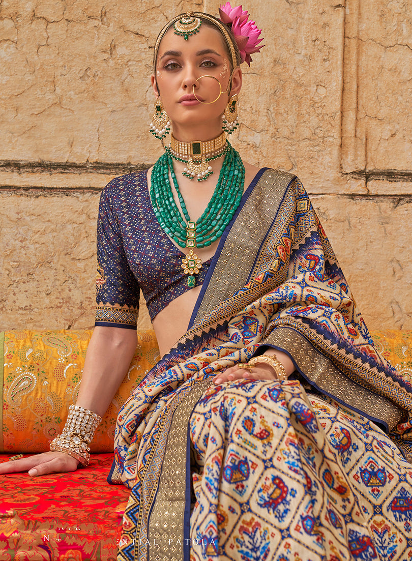Cream Printed Viscose Silk Classic Saree for Festive Wear