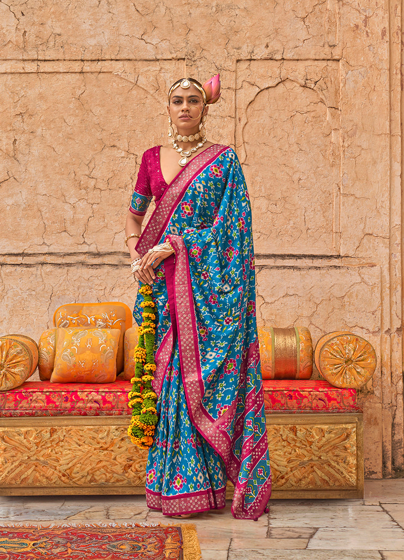 Blue viscose silk saree with classic print design