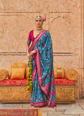 Blue viscose silk saree with classic print design