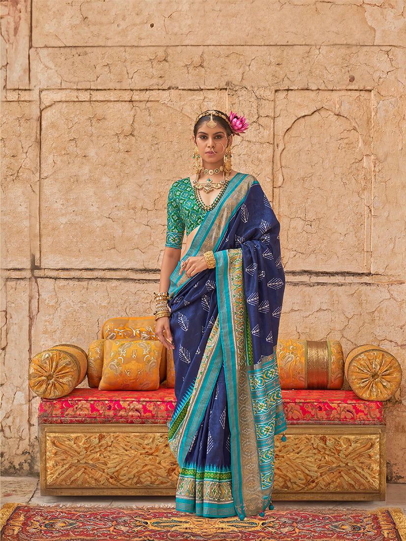 Classic navy blue viscose silk saree with elegant artistic print