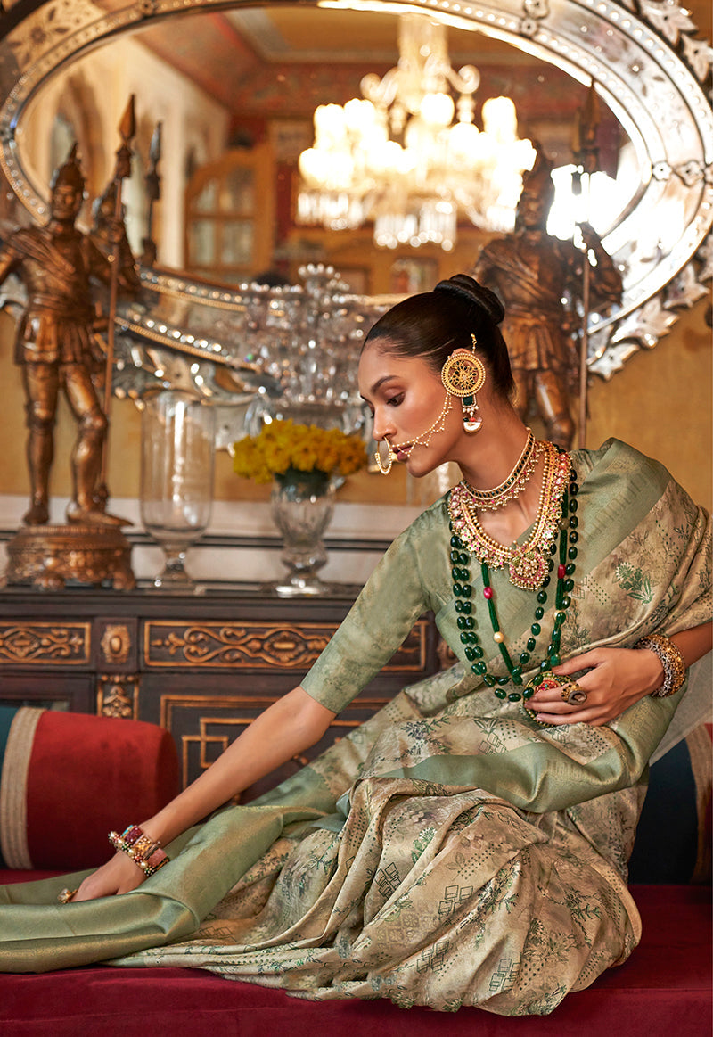 Cream and Light Green Tussar Silk Saree with Digital Print Border