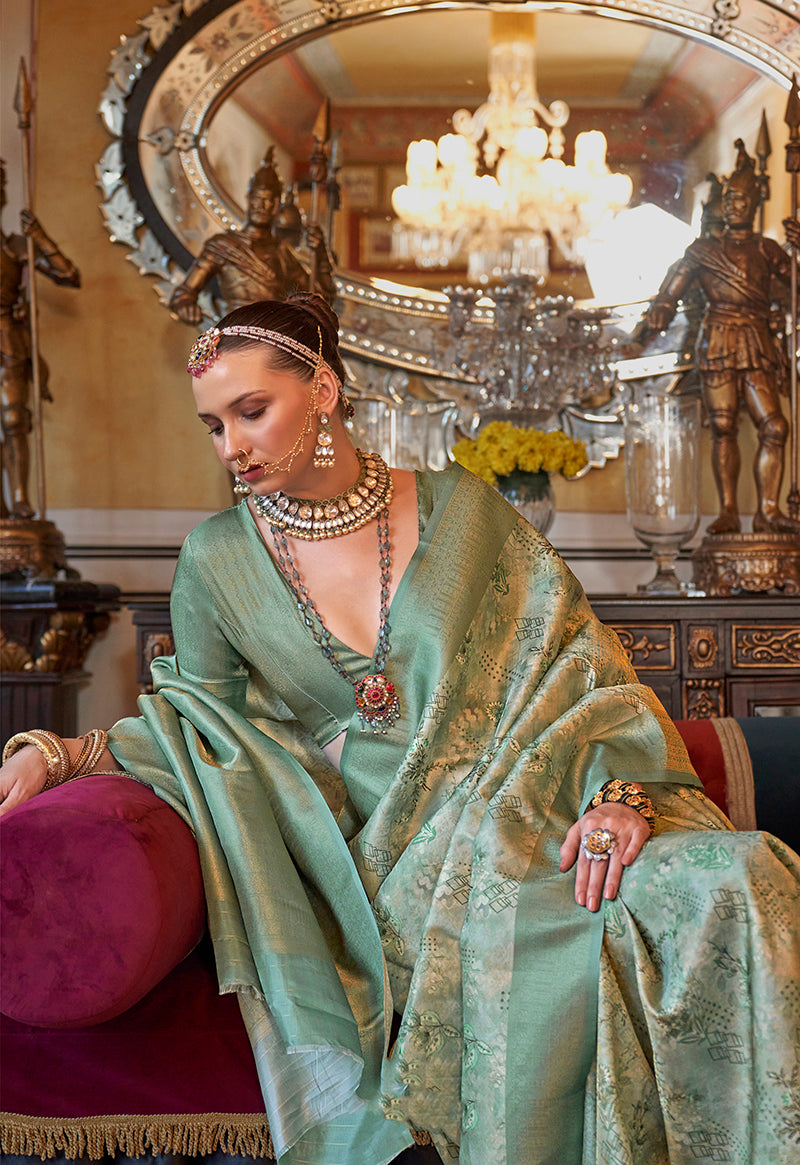Cream and Sea Green Tussar Silk Saree with Digital Print