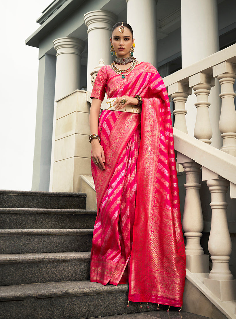 Rani pink viscose silk saree with beautiful jaal weaving details.