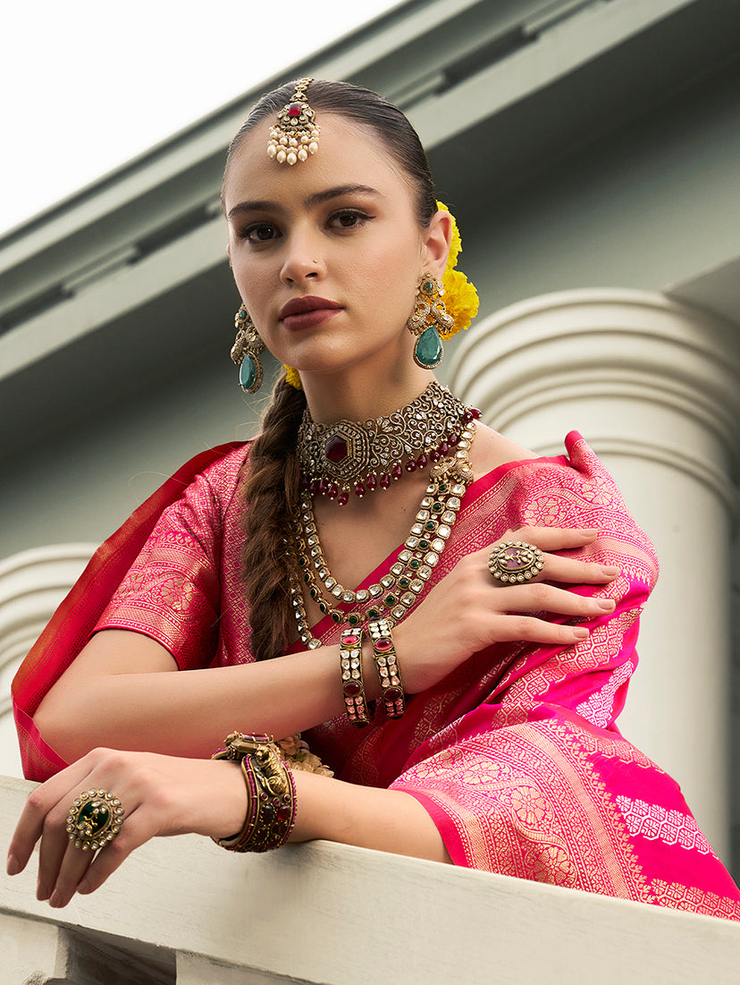 Rani Pink Viscose Silk Saree with Jaal Weaving