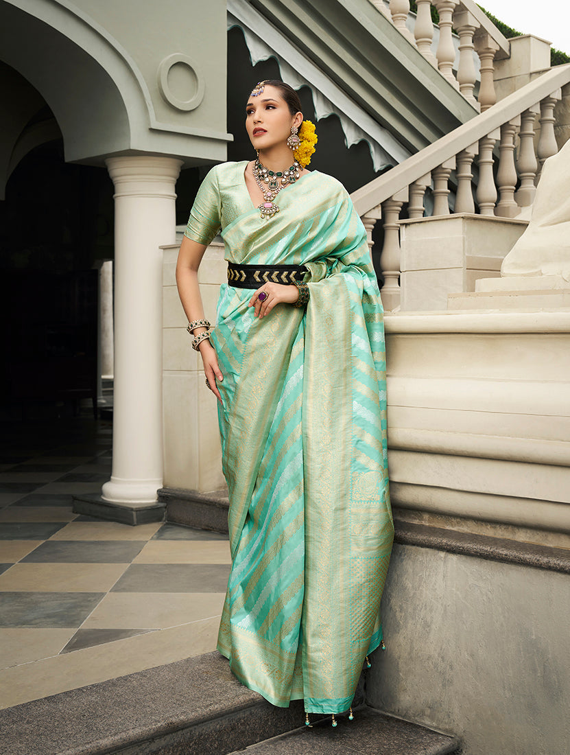 Turquoise viscose silk designer saree featuring detailed Jaal weaving pattern