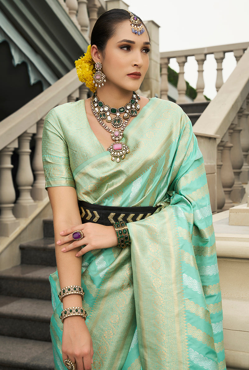 Turquoise Viscose Silk Designer Saree with Jaal Weaving