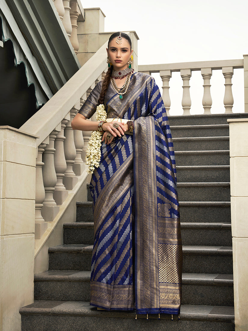 Navy blue saree with detailed weaving jaal pattern in viscose silk