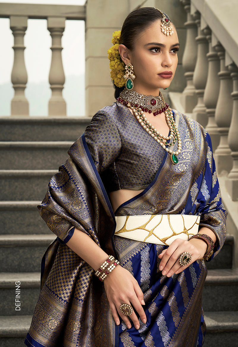 Navy Blue Viscose Silk Saree with Intricate Weaving Jaal