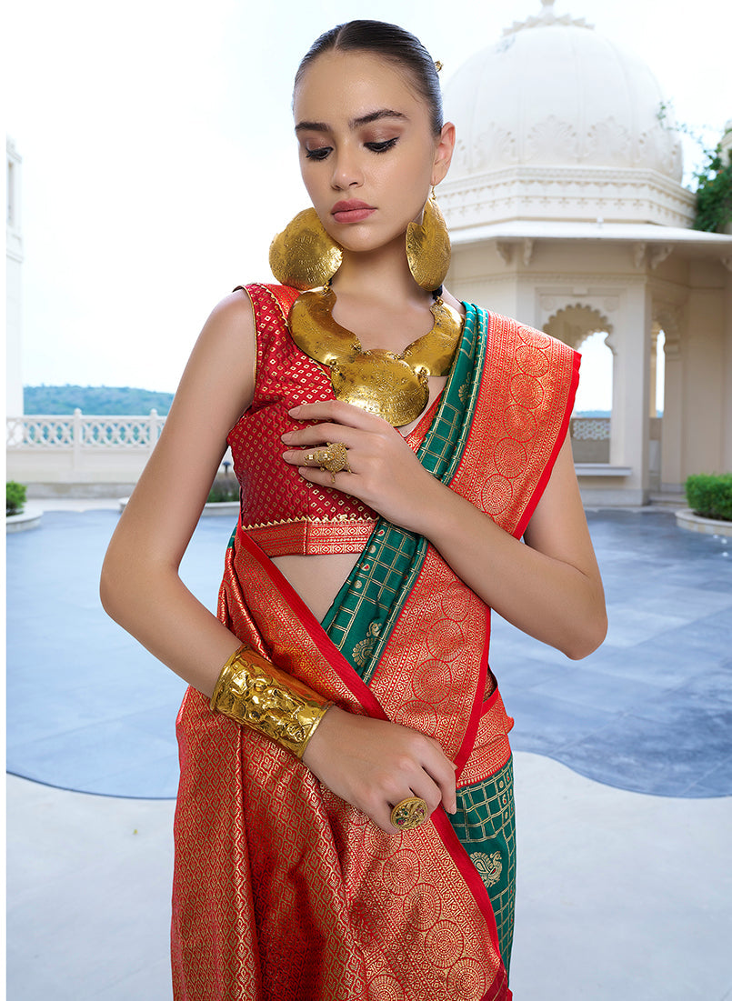 Dark Green Banarasi Silk Saree with Traditional Weaving Work