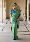 Light green Banarasi silk saree with intricate zari weaving