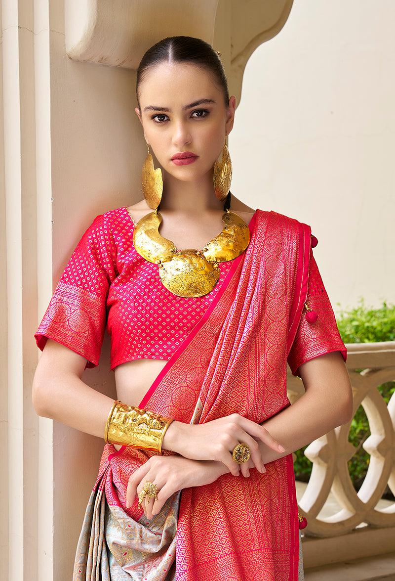 Light Grey Banarasi Silk Saree with Elegant Traditional Weaving