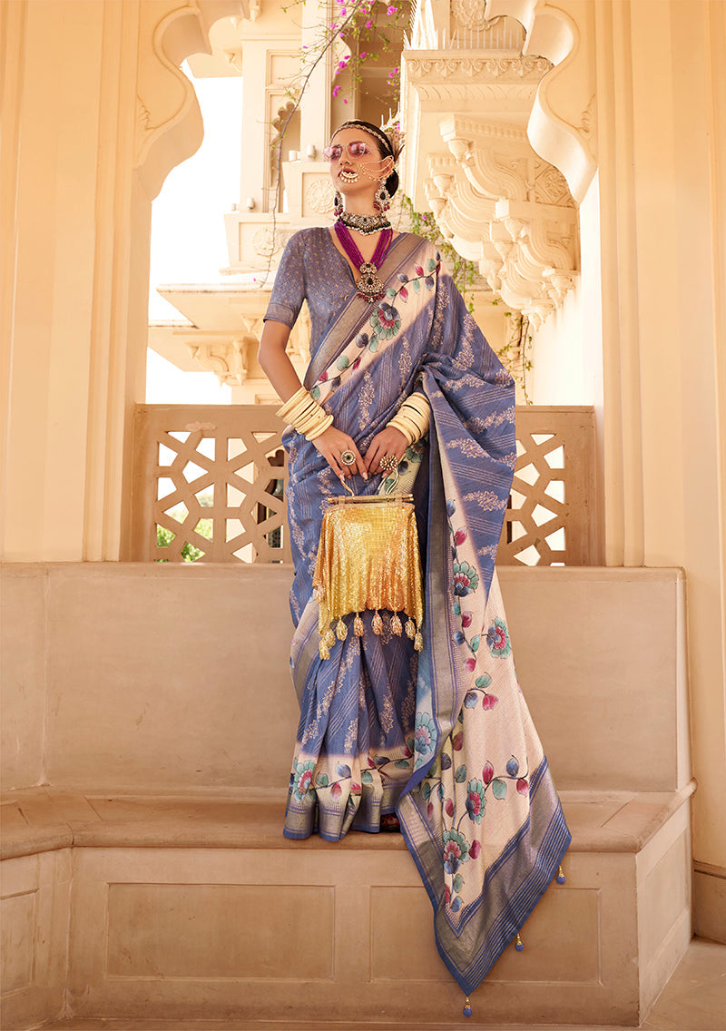 Blue contemporary silk saree with elegant gold foil print detailing