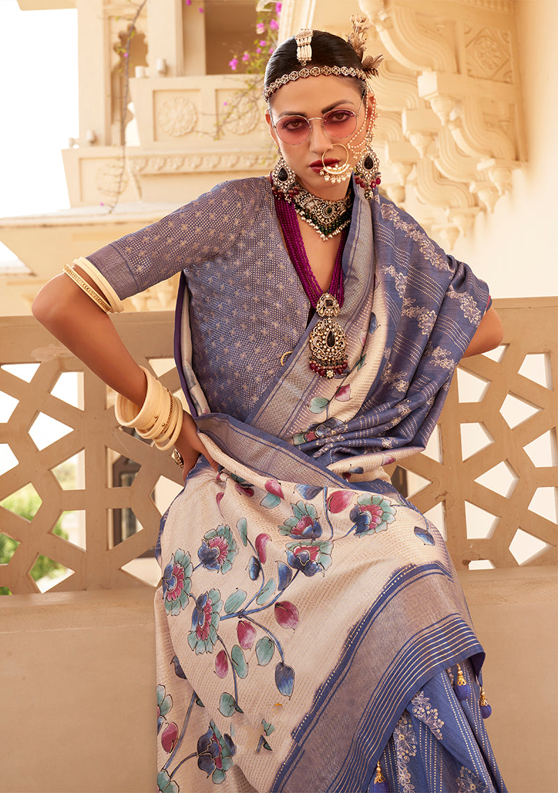 Blue Silk Contemporary Saree with Foil Print and Modern Drape