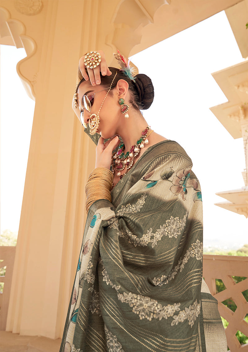 Dark Green Silk Foil Print Saree Contemporary Ethnic Design