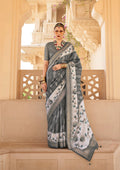 Elegant grey silk contemporary saree with subtle foil print details.