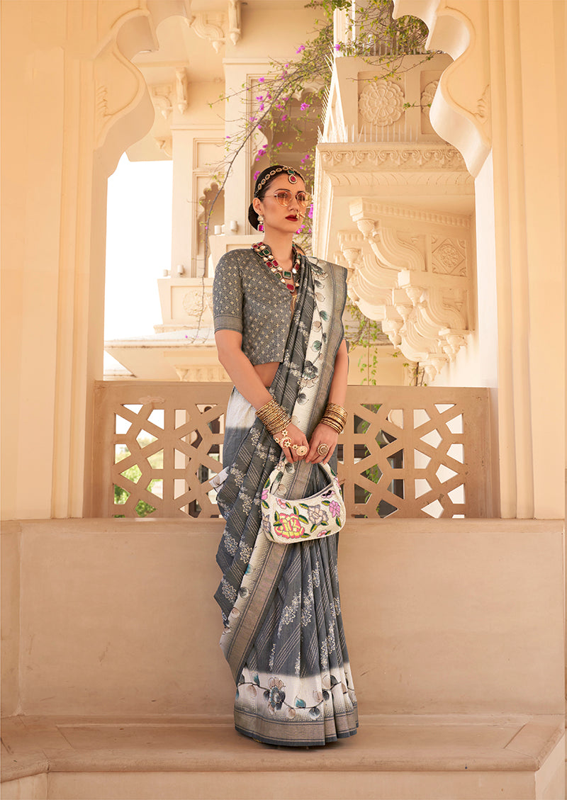 Grey Silk Foil Print Contemporary Saree